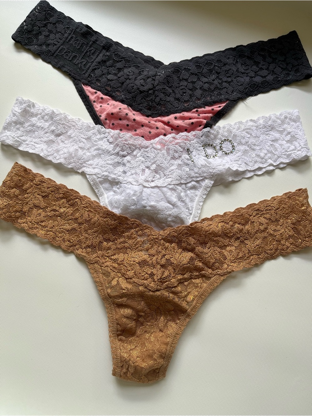 Hanky Panky Lace Thong Trio - Black, White, Pink, Brown